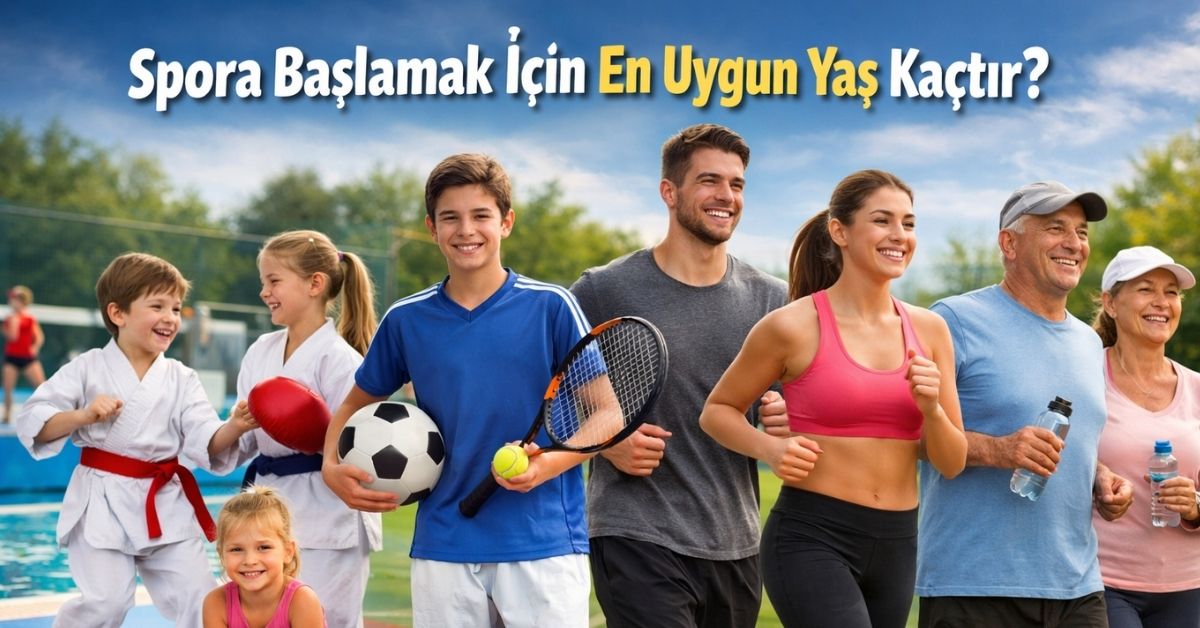 Çocuklar, gençler, yetişkinler ve 45+ yaş gruplarından spor yapan insanlar – spora başlamak için en uygun yaş rehberi görseli.